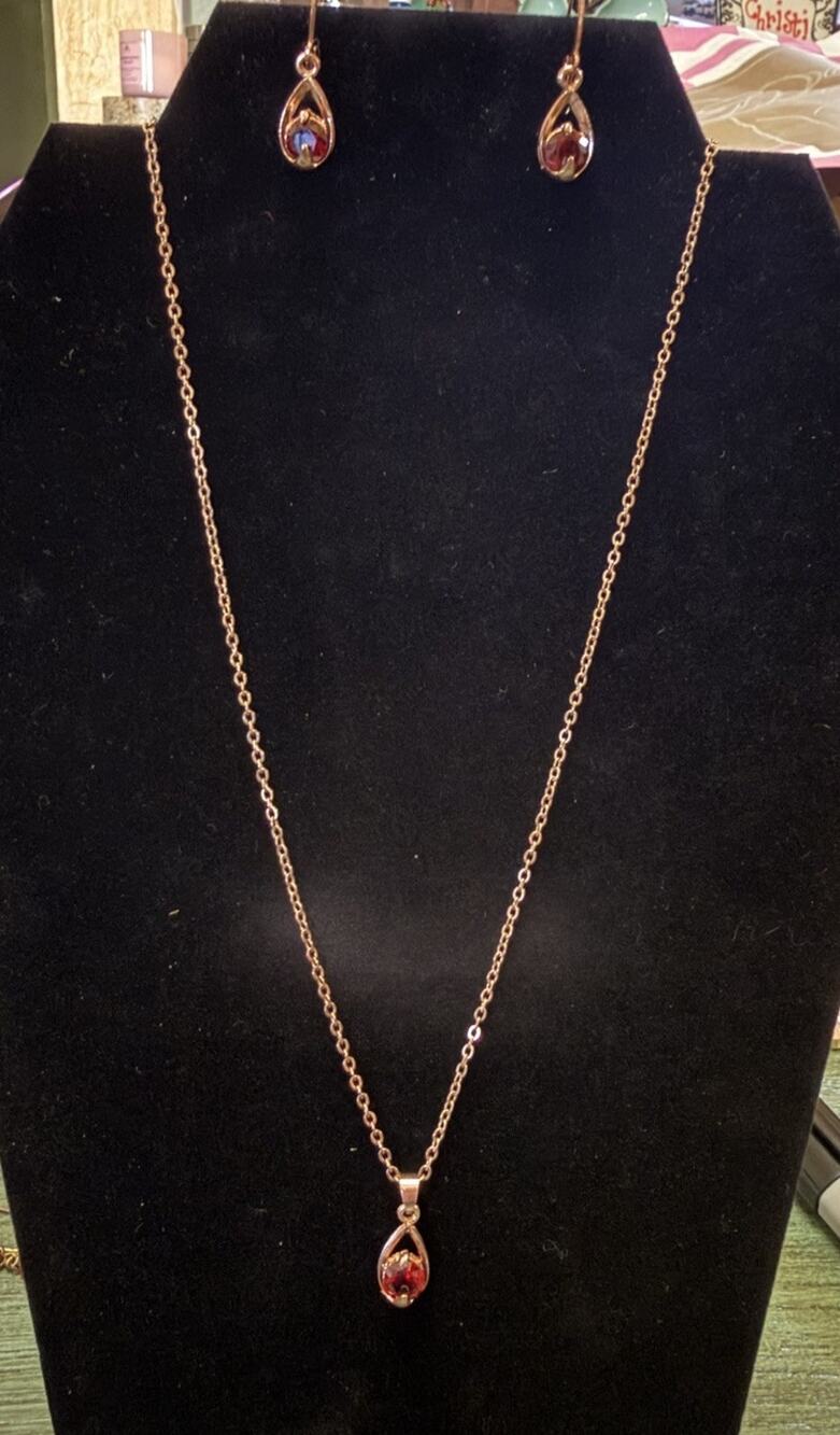 Vintage Gold Necklace With Red Rhinestone With Matching Earrings